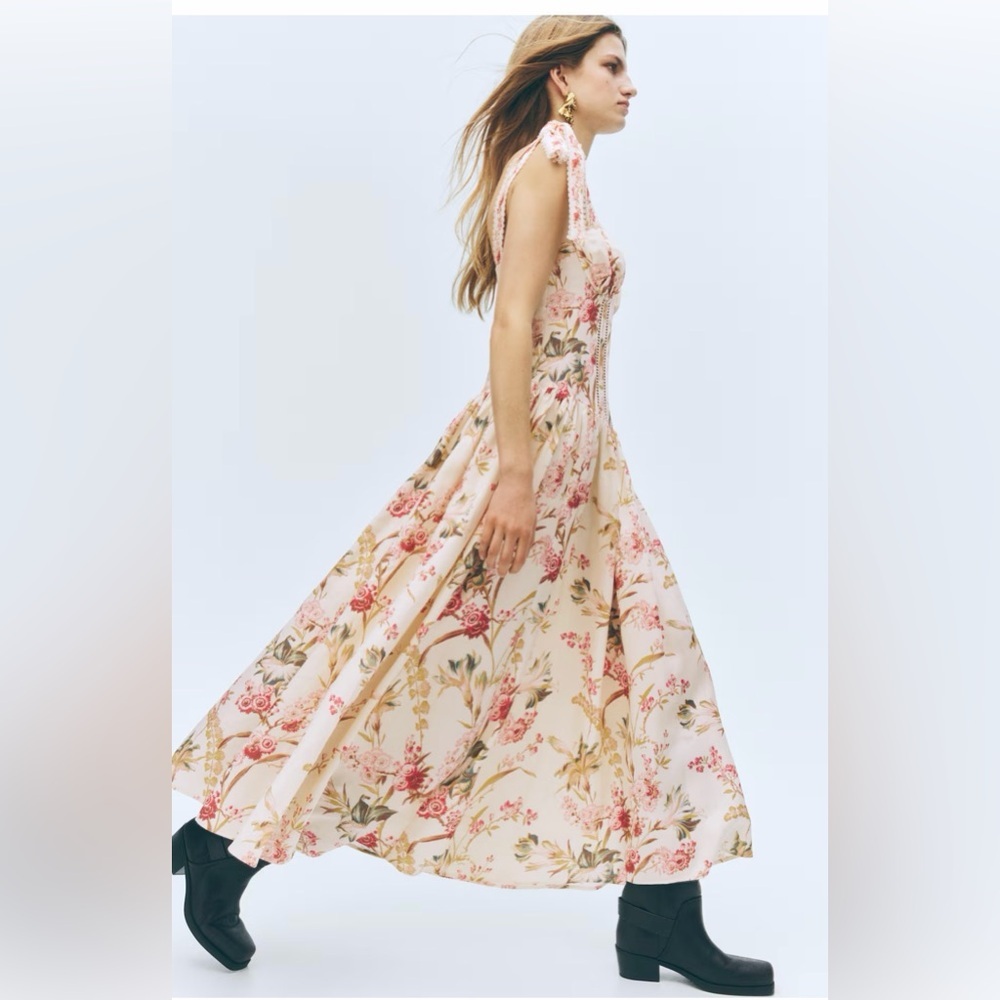 Chic & Elegant Floral Maxi‎ Linen Blend tie Strap Dress NWT Sz Small (Runs Big)